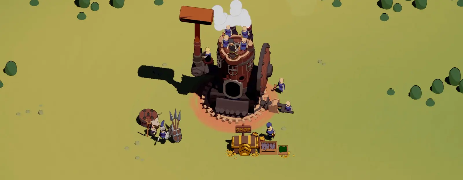 A Wanderburg mobile castle stopped beside crew members and collected supplies