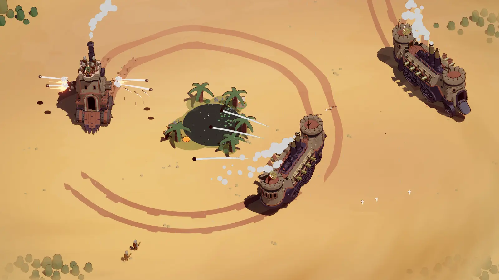 Three differently equipped Wanderburg mobile castles circling a desert oasis