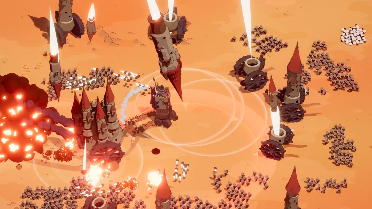 Wanderburg desert battlefield with artillery projectiles, infantry and overlapping firing lanes
