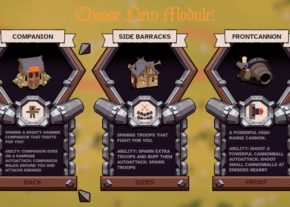 Wanderburg module selection screen showing companion, side barracks, and front cannon choices