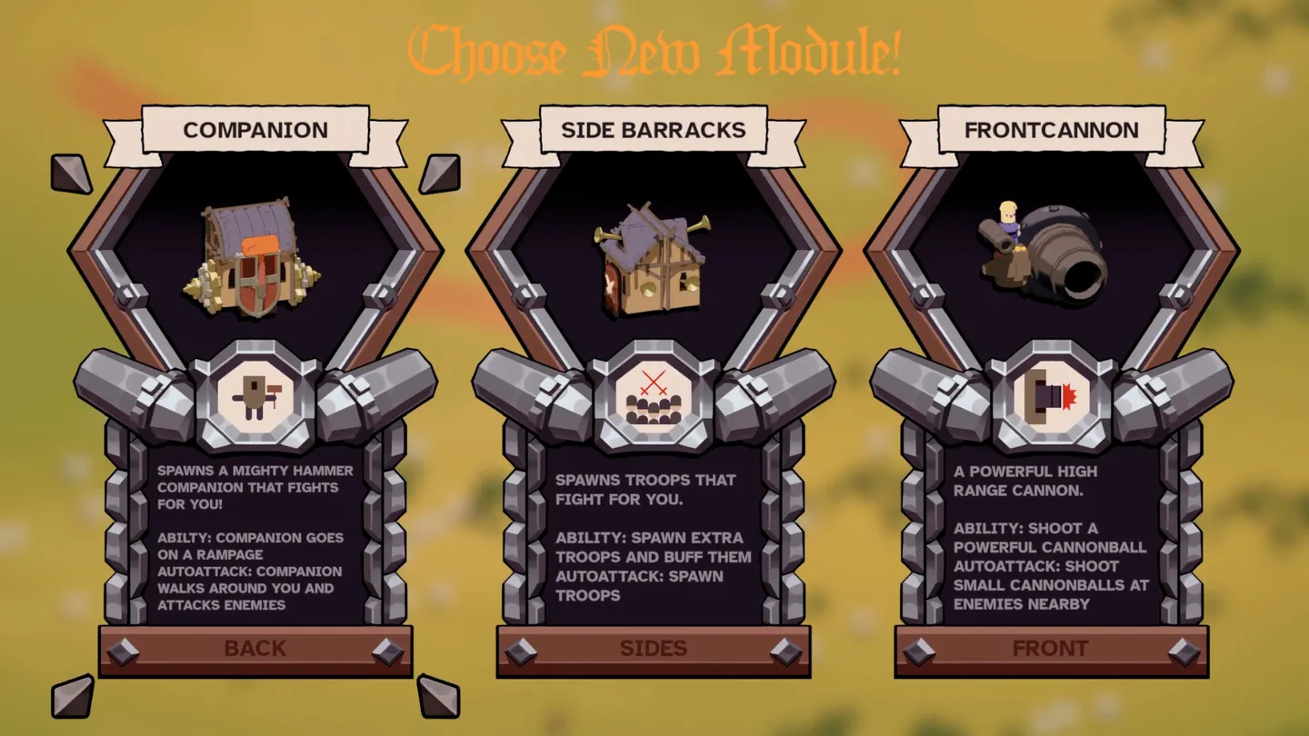 Wanderburg Choose New Module screen showing Companion, Side Barracks and Front Cannon with their slot labels