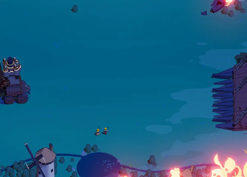A small Wanderburg castle approaching a chained enemy fortress during a night battle