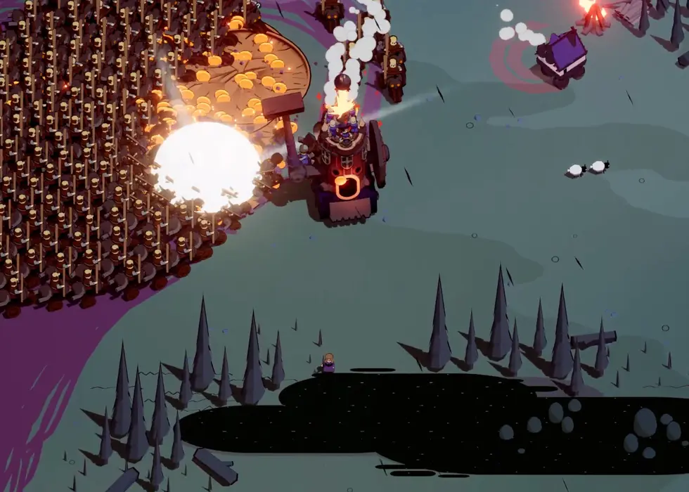 A Wanderburg mobile castle attacking a dense field of resource objects