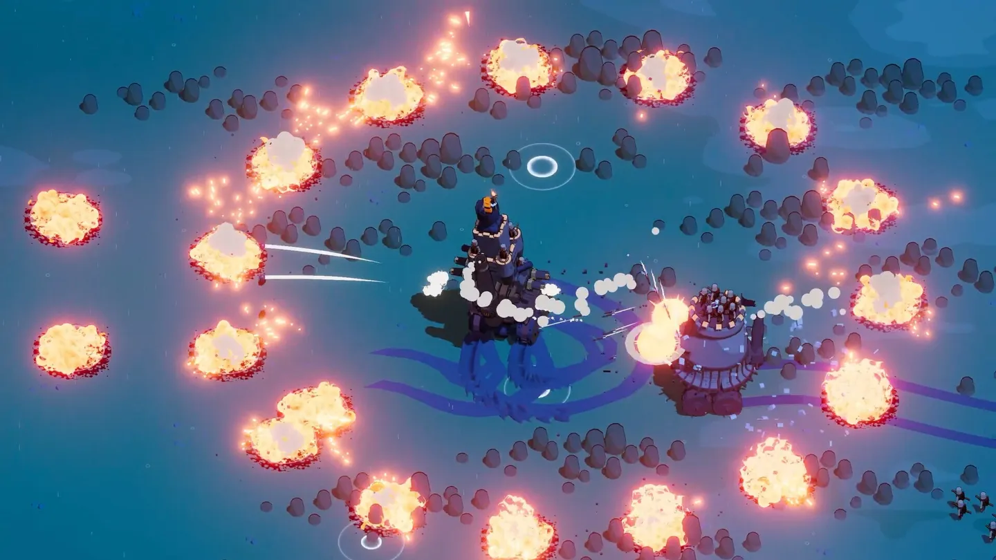 Multi-legged Wanderburg castle moving through fire explosions beside a wheeled castle